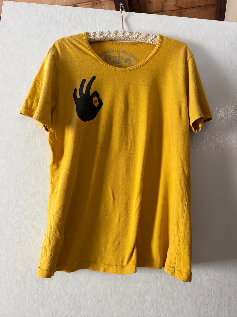 Yellow Short-Sleeve Tee with Black OK Hand Graphic